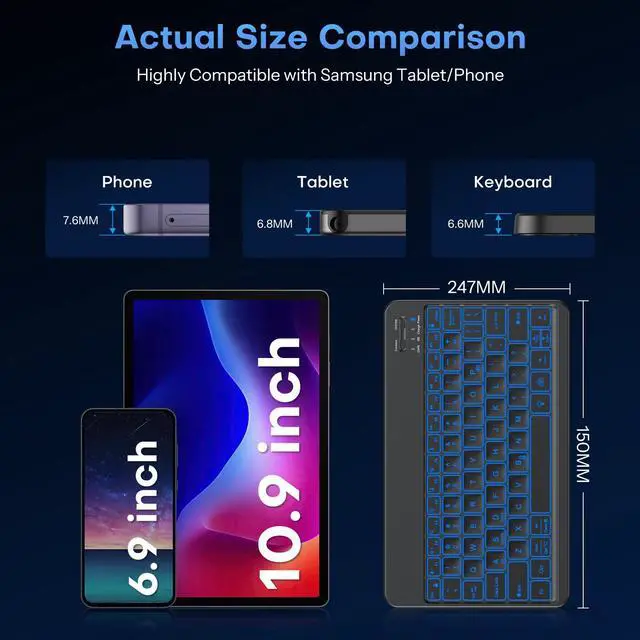 Alt view image 5 of 7 - Bluetooth Tablet Keyboard Rechargeable with Backlit, Oversize Keycap | Ultra-Slim Wireless Keyboard for Samsung Tablet, iPad, Smartphone, Android/iOS/Windows, Foldable Stand, Travel Office, Black