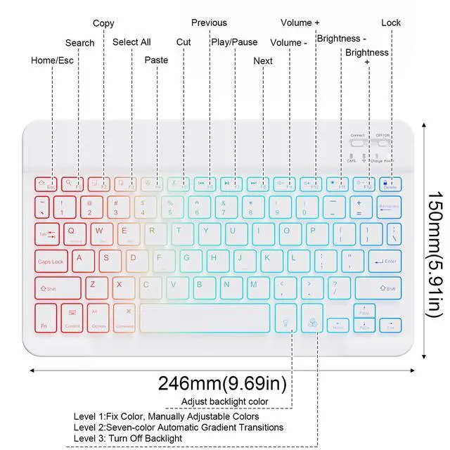 Alt view image 2 of 7 - Lightup Wireless Bluetooth Keyboard for iPad Air/Pro/Mini, iPad A17, A16, M2, M3, M4, M5, MacBook, Chromebook etc. Rechargeable Slim Portable, IOS Windows Android Lighting Tablets Keyboard - Black