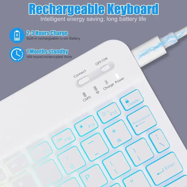 Alt view image 4 of 7 - Lightup Wireless Bluetooth Keyboard for iPad Air/Pro/Mini, iPad A17, A16, M2, M3, M4, M5, MacBook, Chromebook etc. Rechargeable Slim Portable, IOS Windows Android Lighting Tablets Keyboard - Black