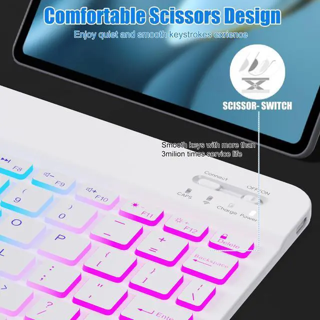 Alt view image 7 of 7 - Lightup Wireless Bluetooth Keyboard for iPad Air/Pro/Mini, iPad A17, A16, M2, M3, M4, M5, MacBook, Chromebook etc. Rechargeable Slim Portable, IOS Windows Android Lighting Tablets Keyboard - Black