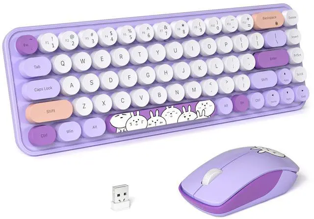 Main image of Wireless Keyboard and Mouse Cute Mouse and Keyboard 2.4G Wireless Keyboards with Colorful 68 Keys Typewriter Retro Round Keycap for PC, Laptop,Tablet,Computer Windows - Purple Colorful
