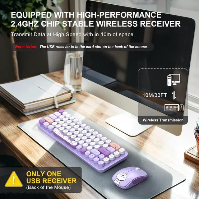 Alt view image 2 of 7 - Wireless Keyboard and Mouse Cute Mouse and Keyboard 2.4G Wireless Keyboards with Colorful 68 Keys Typewriter Retro Round Keycap for PC, Laptop,Tablet,Computer Windows - Purple Colorful