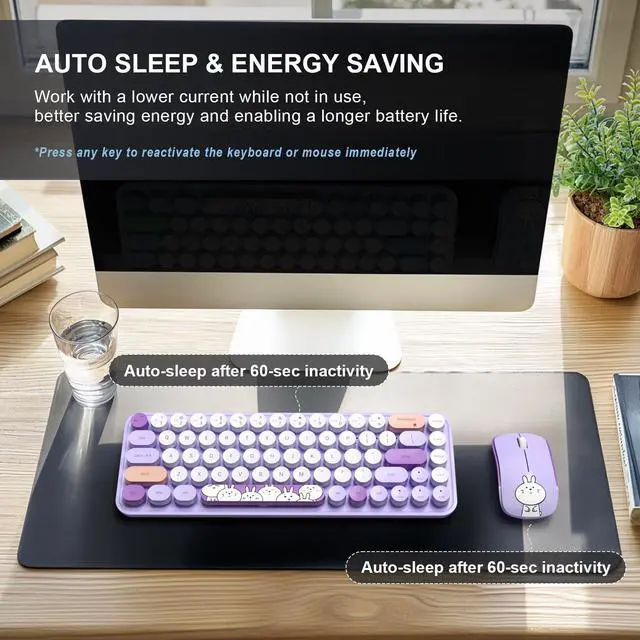 Alt view image 3 of 7 - Wireless Keyboard and Mouse Cute Mouse and Keyboard 2.4G Wireless Keyboards with Colorful 68 Keys Typewriter Retro Round Keycap for PC, Laptop,Tablet,Computer Windows - Purple Colorful