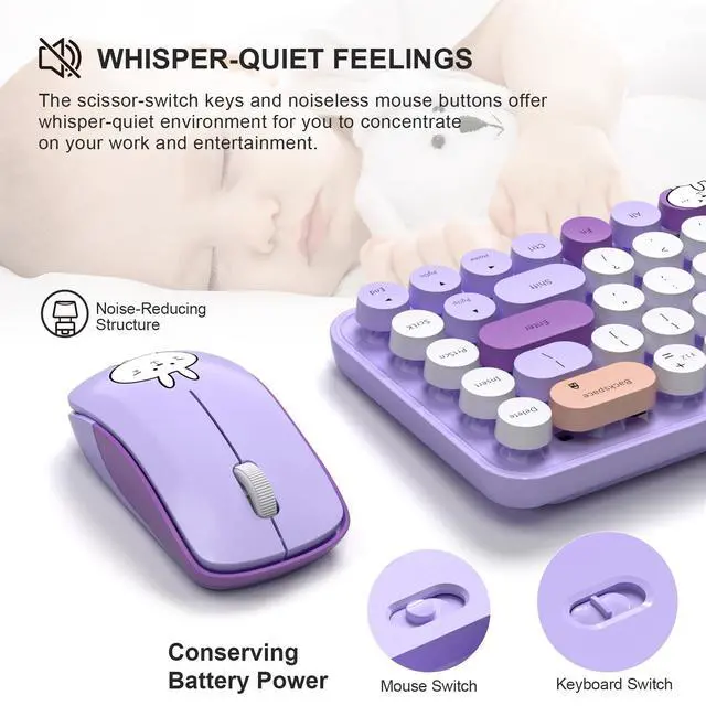 Alt view image 6 of 7 - Wireless Keyboard and Mouse Cute Mouse and Keyboard 2.4G Wireless Keyboards with Colorful 68 Keys Typewriter Retro Round Keycap for PC, Laptop,Tablet,Computer Windows - Purple Colorful