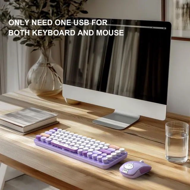 Alt view image 5 of 7 - Wireless Keyboard and Mouse Cute Mouse and Keyboard 2.4G Wireless Keyboards with Colorful 68 Keys Typewriter Retro Round Keycap for PC, Laptop,Tablet,Computer Windows - Purple Colorful