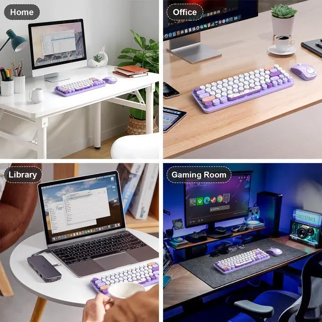 Alt view image 7 of 7 - Wireless Keyboard and Mouse Cute Mouse and Keyboard 2.4G Wireless Keyboards with Colorful 68 Keys Typewriter Retro Round Keycap for PC, Laptop,Tablet,Computer Windows - Purple Colorful