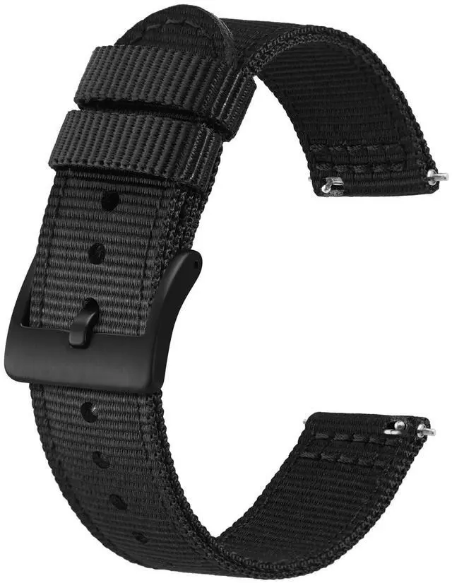 Main image of Mens Nylon Watch Bands, Two-Piece Military Watch Straps, Quick Release, Brushed Buckle, 22mm, Black (Black Buckle)