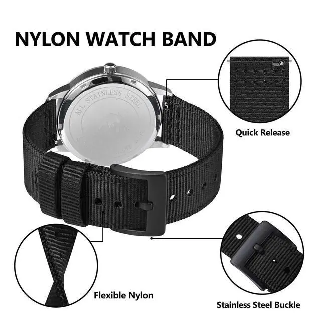 Alt view image 4 of 7 - Mens Nylon Watch Bands, Two-Piece Military Watch Straps, Quick Release, Brushed Buckle, 22mm, Black (Black Buckle)