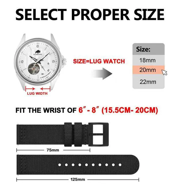 Alt view image 5 of 7 - Mens Nylon Watch Bands, Two-Piece Military Watch Straps, Quick Release, Brushed Buckle, 22mm, Black (Black Buckle)