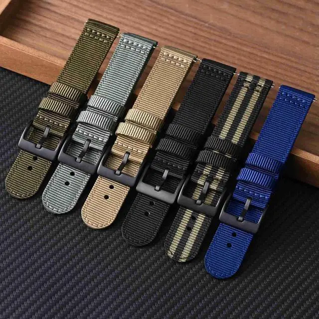 Alt view image 7 of 7 - Mens Nylon Watch Bands, Two-Piece Military Watch Straps, Quick Release, Brushed Buckle, 22mm, Black (Black Buckle)