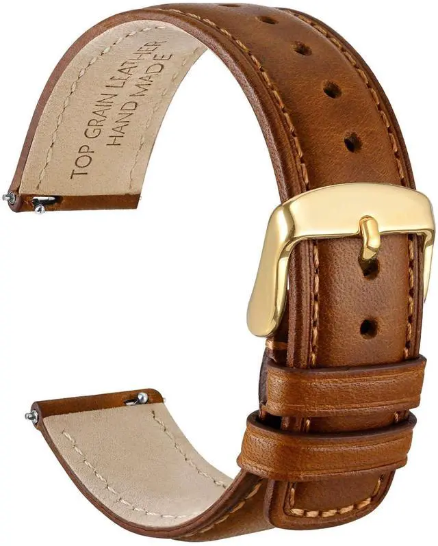 Main image of 20mm Watch Band for Men and Women, Genuine Leather - Top Grain Leather, Quick Release Strap, Golden Buckle (Golden Brown)