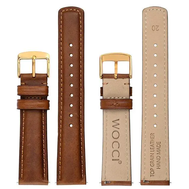 Alt view image 3 of 7 - 20mm Watch Band for Men and Women, Genuine Leather - Top Grain Leather, Quick Release Strap, Golden Buckle (Golden Brown)
