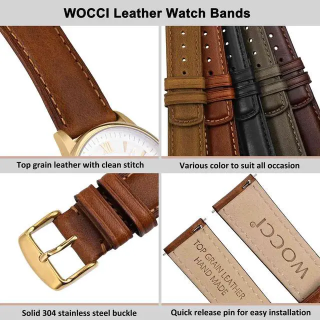 Alt view image 4 of 7 - 20mm Watch Band for Men and Women, Genuine Leather - Top Grain Leather, Quick Release Strap, Golden Buckle (Golden Brown)