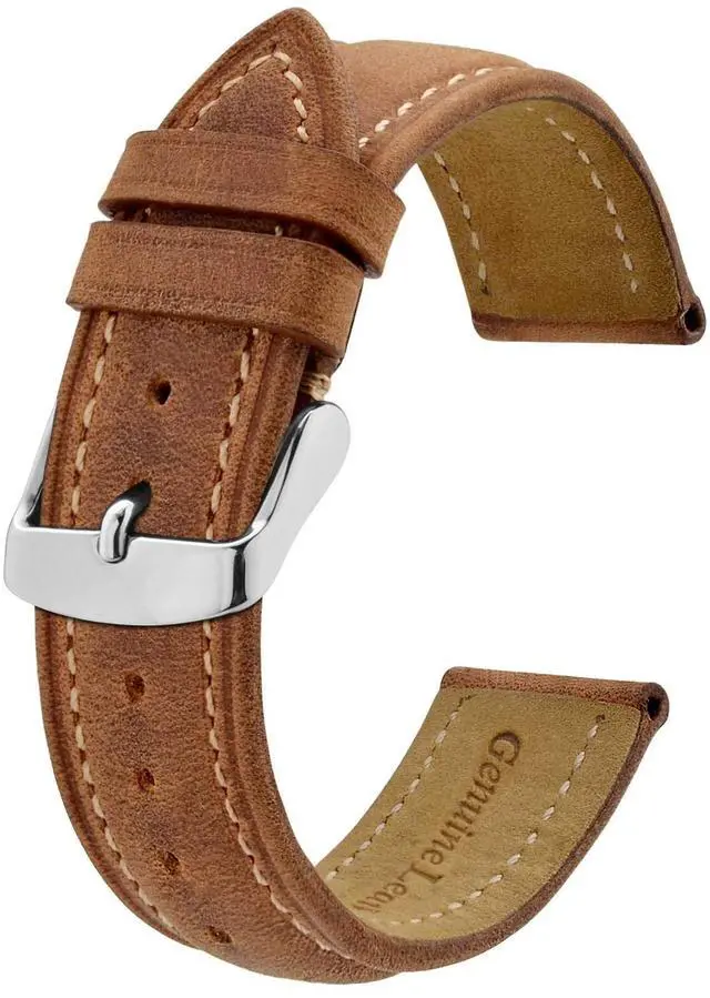 Main image of Watch Strap 18mm, Vintage Leather Replacement Watch Band, Light Brown with Thread