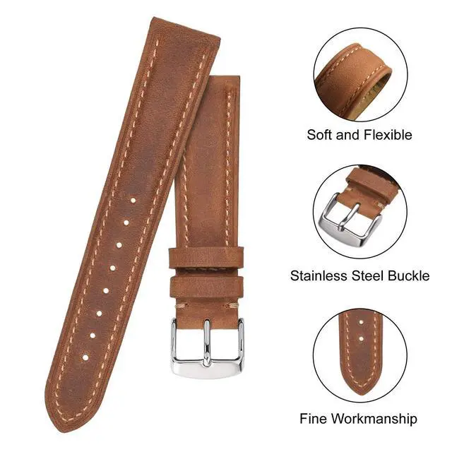 Alt view image 4 of 7 - Watch Strap 18mm, Vintage Leather Replacement Watch Band, Light Brown with Thread