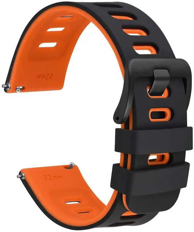 Main image of 22mm Bicolor Watch Band, Silicone Rubber, Quick Release Replacement Strap for Men and Women, Black Stainless Steel Buckle (Black-Orange)
