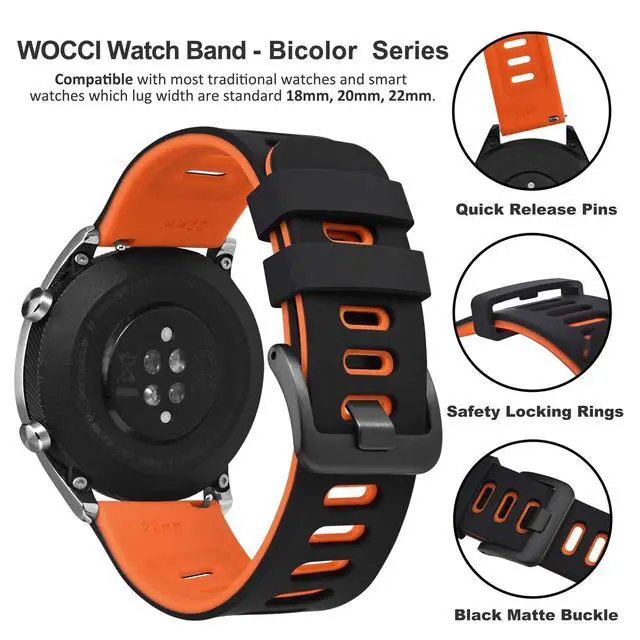 Alt view image 4 of 7 - 22mm Bicolor Watch Band, Silicone Rubber, Quick Release Replacement Strap for Men and Women, Black Stainless Steel Buckle (Black-Orange)