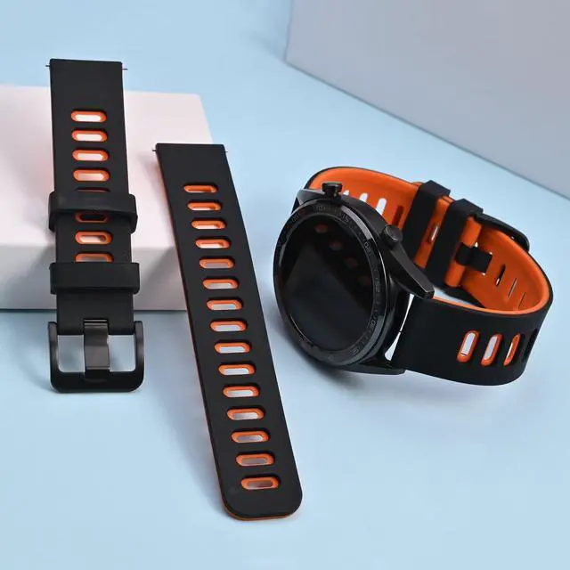 Alt view image 7 of 7 - 22mm Bicolor Watch Band, Silicone Rubber, Quick Release Replacement Strap for Men and Women, Black Stainless Steel Buckle (Black-Orange)