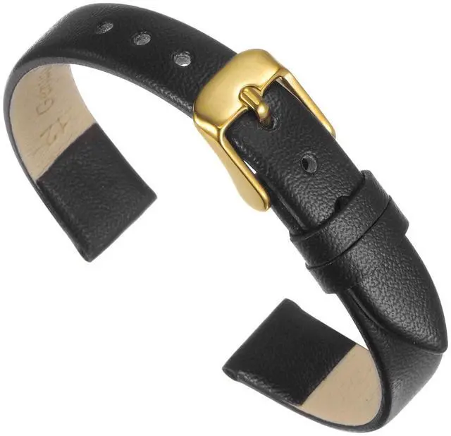 Main image of Black Genuine Leather Band 12mm Width, Flat Thin Elegant Leather Watch Strap Golden Tone Buckle for Women