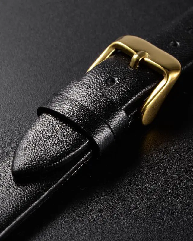 Alt view image 4 of 7 - Black Genuine Leather Band 12mm Width, Flat Thin Elegant Leather Watch Strap Golden Tone Buckle for Women