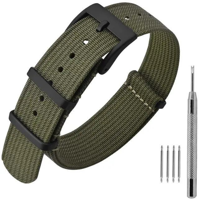 Main image of Nylon Watch Band 20mm, One-Piece Waterproof Military Watch Straps with Heavy Black Buckle (Army Green)