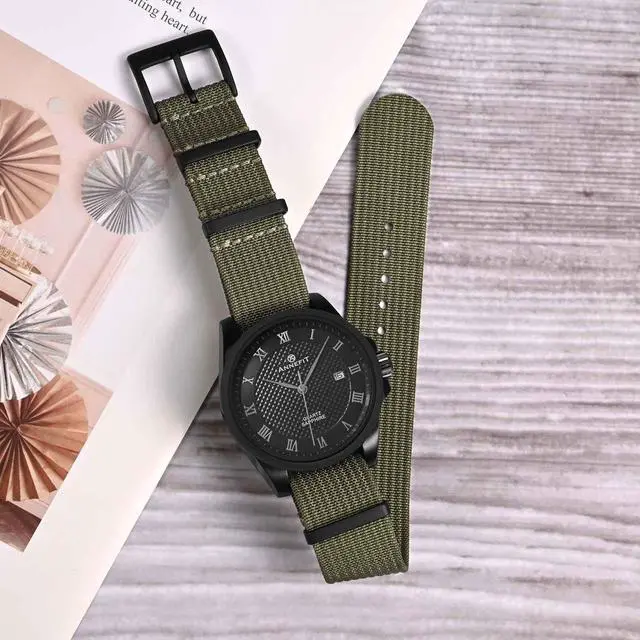 Alt view image 2 of 7 - Nylon Watch Band 20mm, One-Piece Waterproof Military Watch Straps with Heavy Black Buckle (Army Green)