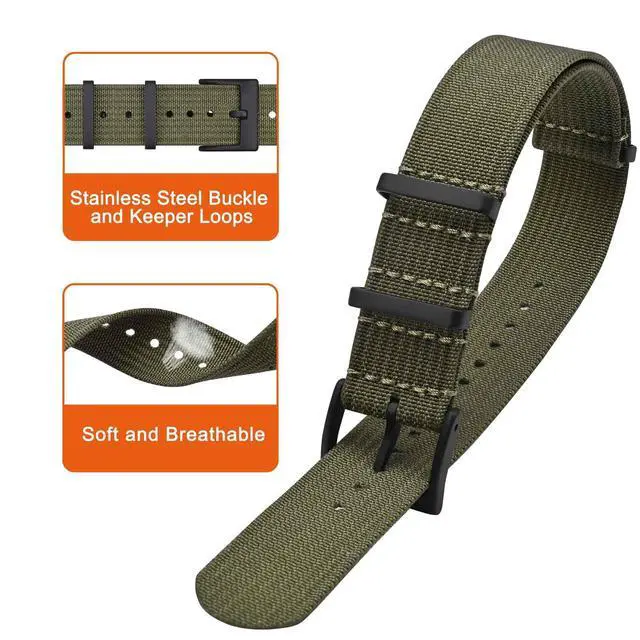 Alt view image 3 of 7 - Nylon Watch Band 20mm, One-Piece Waterproof Military Watch Straps with Heavy Black Buckle (Army Green)