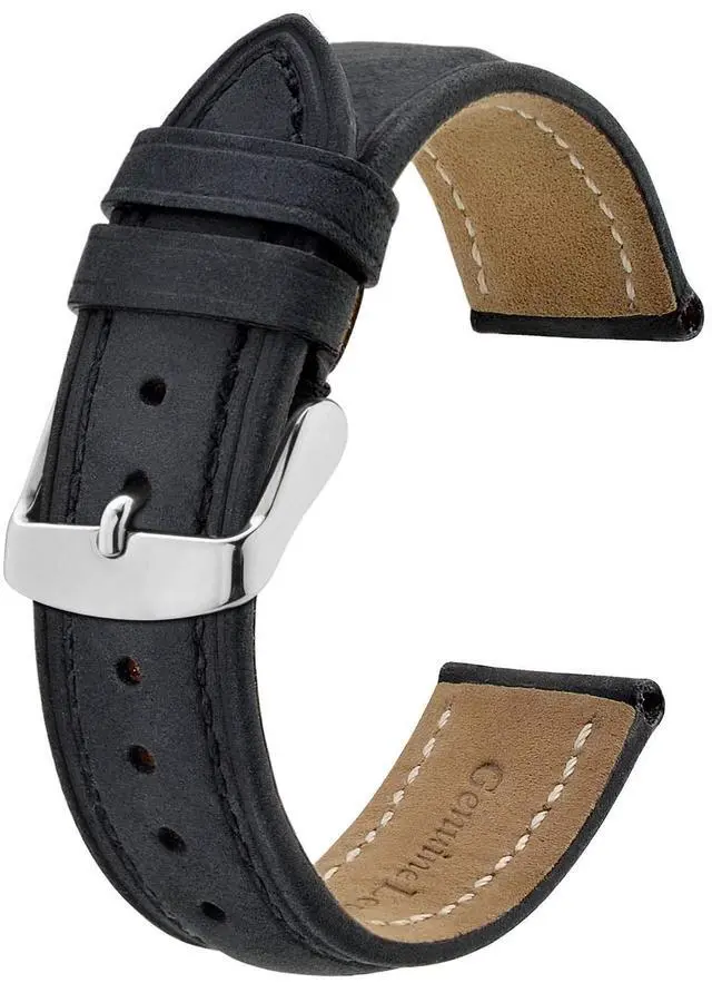 Main image of Watch Strap 20mm, Vintage Leather Replacement Watch Band, Black