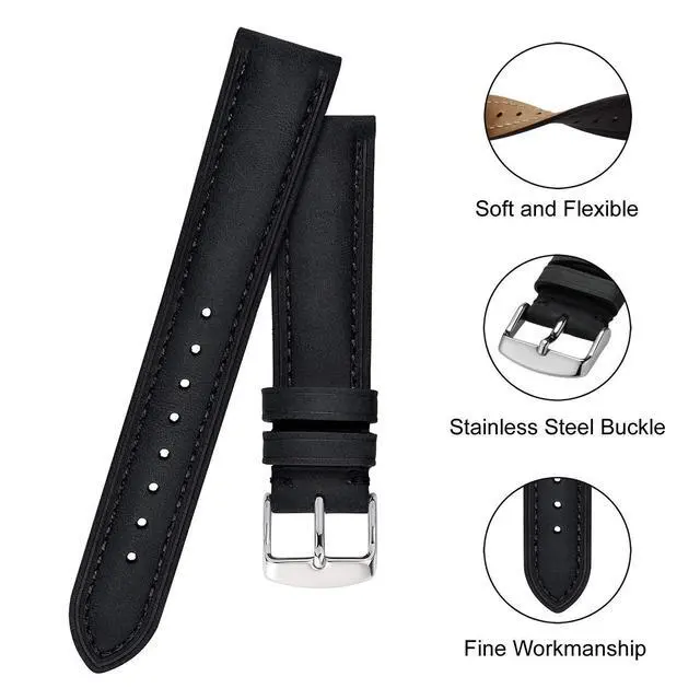 Alt view image 4 of 7 - Watch Strap 20mm, Vintage Leather Replacement Watch Band, Black