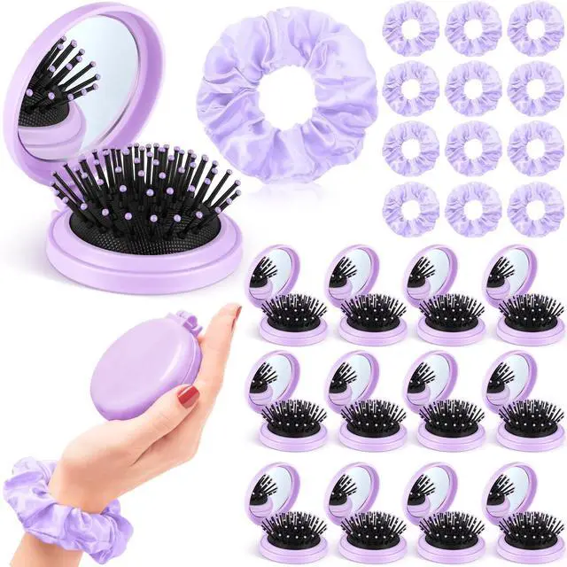 Main image of 24 Pcs Mini Hair Brush with Mirror and Scrunchies Folding Portable Cushion Comb Satin Scrunchies Pocket Travel Brush Mini Pop up Brushes for Women Gifts Travel Wet and Dry Hair(Purple)