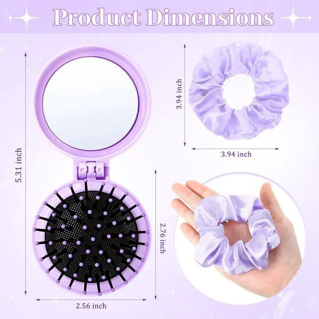 Alt view image 2 of 6 - 24 Pcs Mini Hair Brush with Mirror and Scrunchies Folding Portable Cushion Comb Satin Scrunchies Pocket Travel Brush Mini Pop up Brushes for Women Gifts Travel Wet and Dry Hair(Purple)