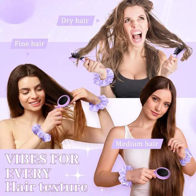 Alt view image 6 of 6 - 24 Pcs Mini Hair Brush with Mirror and Scrunchies Folding Portable Cushion Comb Satin Scrunchies Pocket Travel Brush Mini Pop up Brushes for Women Gifts Travel Wet and Dry Hair(Purple)