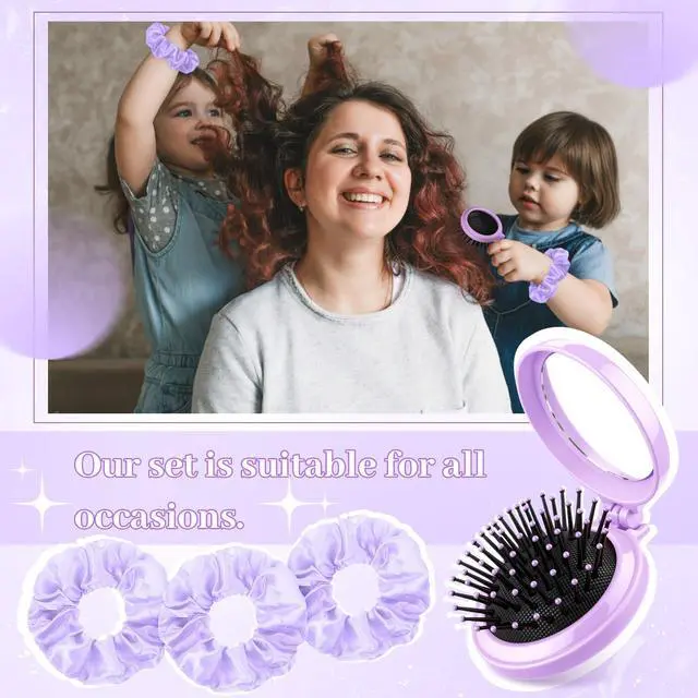 Alt view image 5 of 6 - 24 Pcs Mini Hair Brush with Mirror and Scrunchies Folding Portable Cushion Comb Satin Scrunchies Pocket Travel Brush Mini Pop up Brushes for Women Gifts Travel Wet and Dry Hair(Purple)