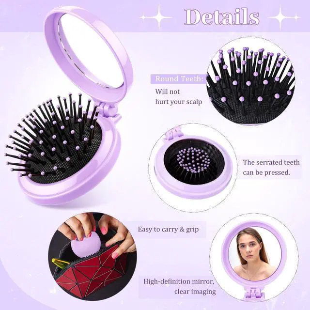 Alt view image 4 of 6 - 24 Pcs Mini Hair Brush with Mirror and Scrunchies Folding Portable Cushion Comb Satin Scrunchies Pocket Travel Brush Mini Pop up Brushes for Women Gifts Travel Wet and Dry Hair(Purple)