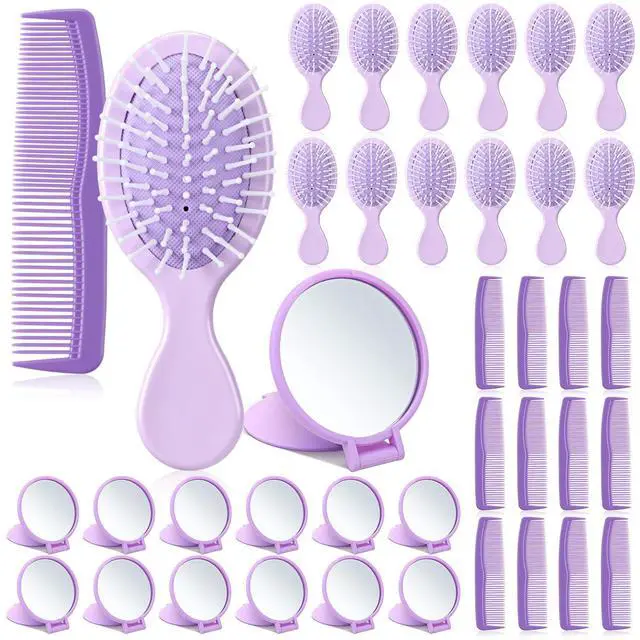 Main image of 36 Pcs Mini Hair Brush and Comb Mirrors Set, Travel Wet Dry Hair Brush and Combs Compact Makeup Mirrors for Spa Birthday Sleepover Bridal Shower Travel Bachelorette Party Gift(Purple)