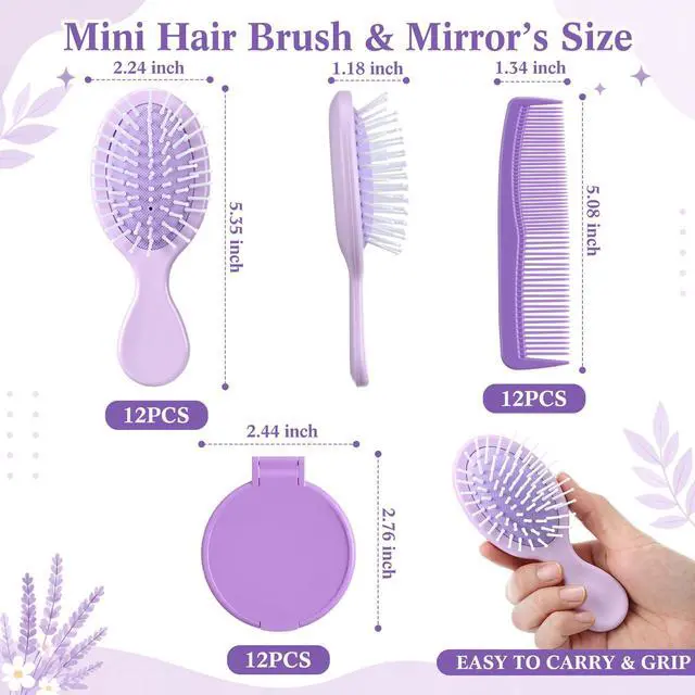 Alt view image 2 of 6 - 36 Pcs Mini Hair Brush and Comb Mirrors Set, Travel Wet Dry Hair Brush and Combs Compact Makeup Mirrors for Spa Birthday Sleepover Bridal Shower Travel Bachelorette Party Gift(Purple)