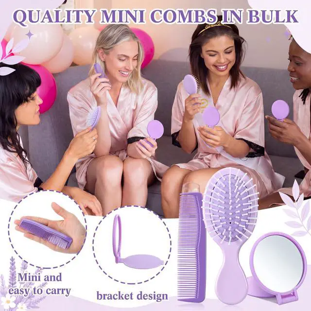 Alt view image 4 of 6 - 36 Pcs Mini Hair Brush and Comb Mirrors Set, Travel Wet Dry Hair Brush and Combs Compact Makeup Mirrors for Spa Birthday Sleepover Bridal Shower Travel Bachelorette Party Gift(Purple)
