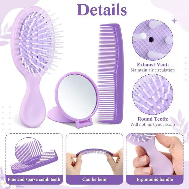 Alt view image 3 of 6 - 36 Pcs Mini Hair Brush and Comb Mirrors Set, Travel Wet Dry Hair Brush and Combs Compact Makeup Mirrors for Spa Birthday Sleepover Bridal Shower Travel Bachelorette Party Gift(Purple)