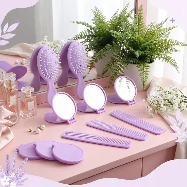 Alt view image 6 of 6 - 36 Pcs Mini Hair Brush and Comb Mirrors Set, Travel Wet Dry Hair Brush and Combs Compact Makeup Mirrors for Spa Birthday Sleepover Bridal Shower Travel Bachelorette Party Gift(Purple)