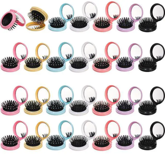 Main image of 28 Pack Folding Travel Hair Brushes with Mirror, Round Mirror Portable Pocket Hair Brush, Mini Mirror with Hairbrush for Purse, Colourful Hair Comb Compact Hair Massage Comb for Women Girls