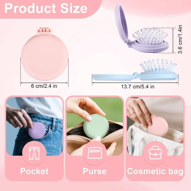 Alt view image 2 of 7 - 12 Pack Foldable Travel Hair Brushes with Mirror, Portable Round Pocket Hairbrush, with High Definition Mirror Surface, Mini Compact Hair Massage Comb for Purse, With DIY Sticker, 6 Colors