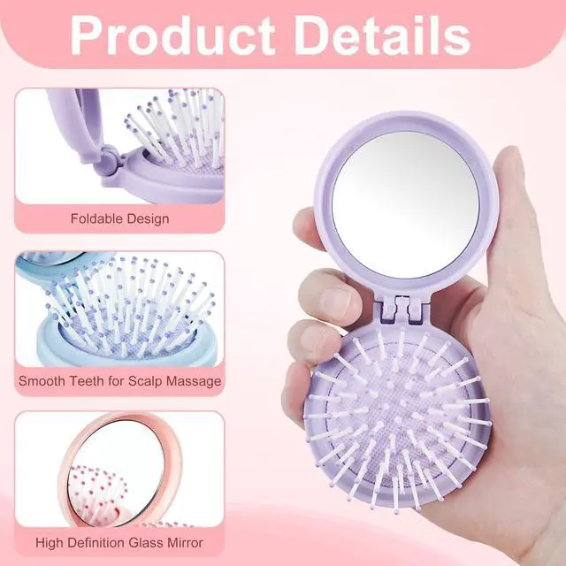 Alt view image 3 of 7 - 12 Pack Foldable Travel Hair Brushes with Mirror, Portable Round Pocket Hairbrush, with High Definition Mirror Surface, Mini Compact Hair Massage Comb for Purse, With DIY Sticker, 6 Colors