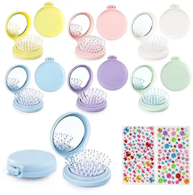 Main image of 12 Pack Foldable Travel Hair Brushes with Mirror, Portable Round Pocket Hairbrush, with High Definition Mirror Surface, Mini Compact Hair Massage Comb for Purse, With DIY Sticker, 6 Colors
