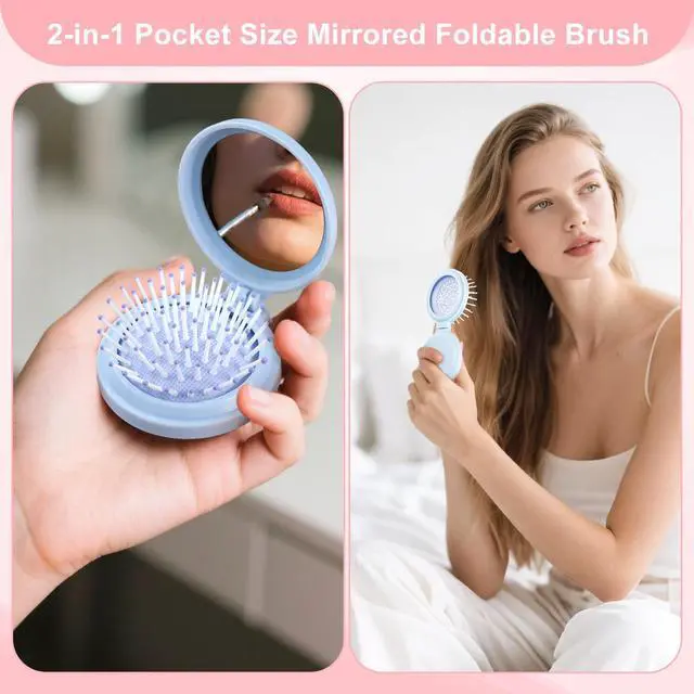 Alt view image 6 of 7 - 12 Pack Foldable Travel Hair Brushes with Mirror, Portable Round Pocket Hairbrush, with High Definition Mirror Surface, Mini Compact Hair Massage Comb for Purse, With DIY Sticker, 6 Colors