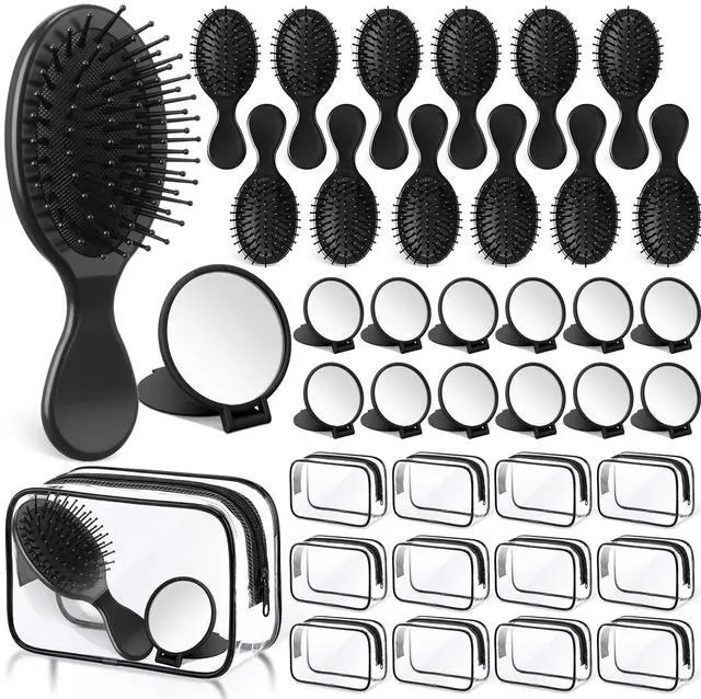 Main image of 36 Pcs Mini Hair Brush Set 12 Wet Dry Hair Combs Detangling 12 Compact Folding Makeup Mirror Round and 12 Clear Makeup Bags Pocket portable for Women Party Gift Travel Spa Sleepover (Black)