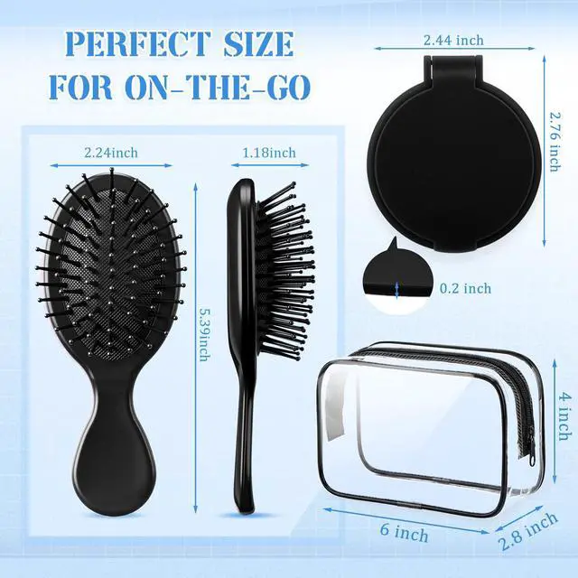 Alt view image 2 of 7 - 36 Pcs Mini Hair Brush Set 12 Wet Dry Hair Combs Detangling 12 Compact Folding Makeup Mirror Round and 12 Clear Makeup Bags Pocket portable for Women Party Gift Travel Spa Sleepover (Black)