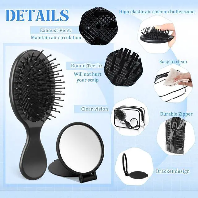 Alt view image 3 of 7 - 36 Pcs Mini Hair Brush Set 12 Wet Dry Hair Combs Detangling 12 Compact Folding Makeup Mirror Round and 12 Clear Makeup Bags Pocket portable for Women Party Gift Travel Spa Sleepover (Black)