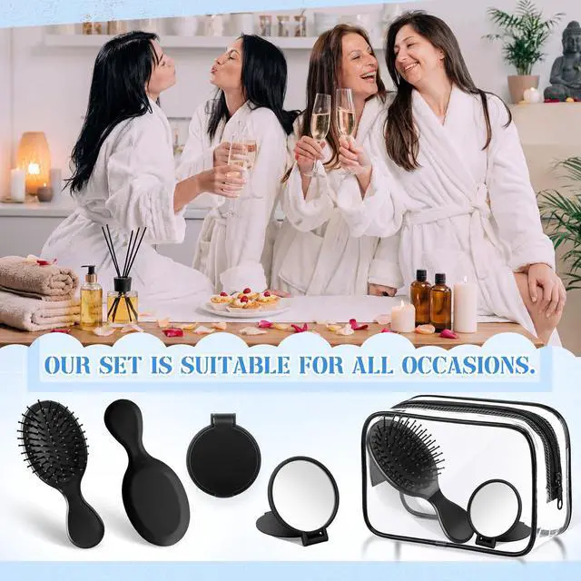 Alt view image 4 of 7 - 36 Pcs Mini Hair Brush Set 12 Wet Dry Hair Combs Detangling 12 Compact Folding Makeup Mirror Round and 12 Clear Makeup Bags Pocket portable for Women Party Gift Travel Spa Sleepover (Black)