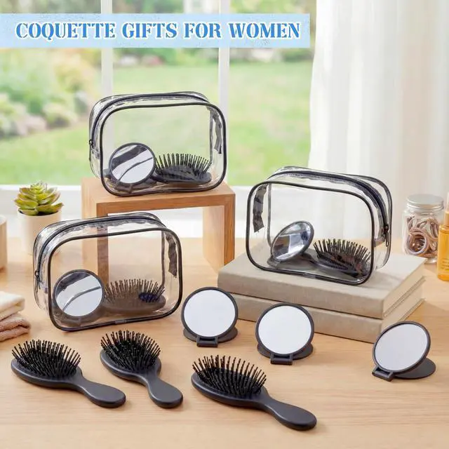 Alt view image 6 of 7 - 36 Pcs Mini Hair Brush Set 12 Wet Dry Hair Combs Detangling 12 Compact Folding Makeup Mirror Round and 12 Clear Makeup Bags Pocket portable for Women Party Gift Travel Spa Sleepover (Black)