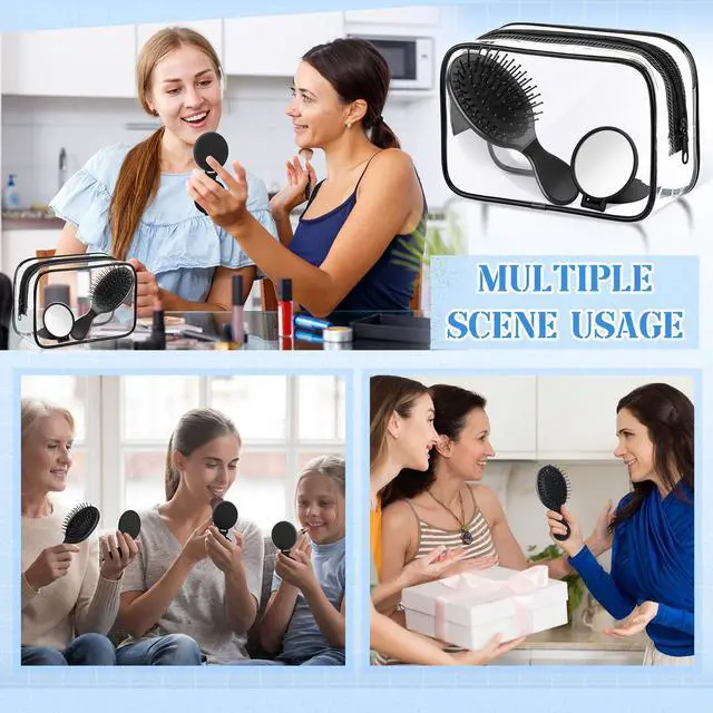 Alt view image 7 of 7 - 36 Pcs Mini Hair Brush Set 12 Wet Dry Hair Combs Detangling 12 Compact Folding Makeup Mirror Round and 12 Clear Makeup Bags Pocket portable for Women Party Gift Travel Spa Sleepover (Black)